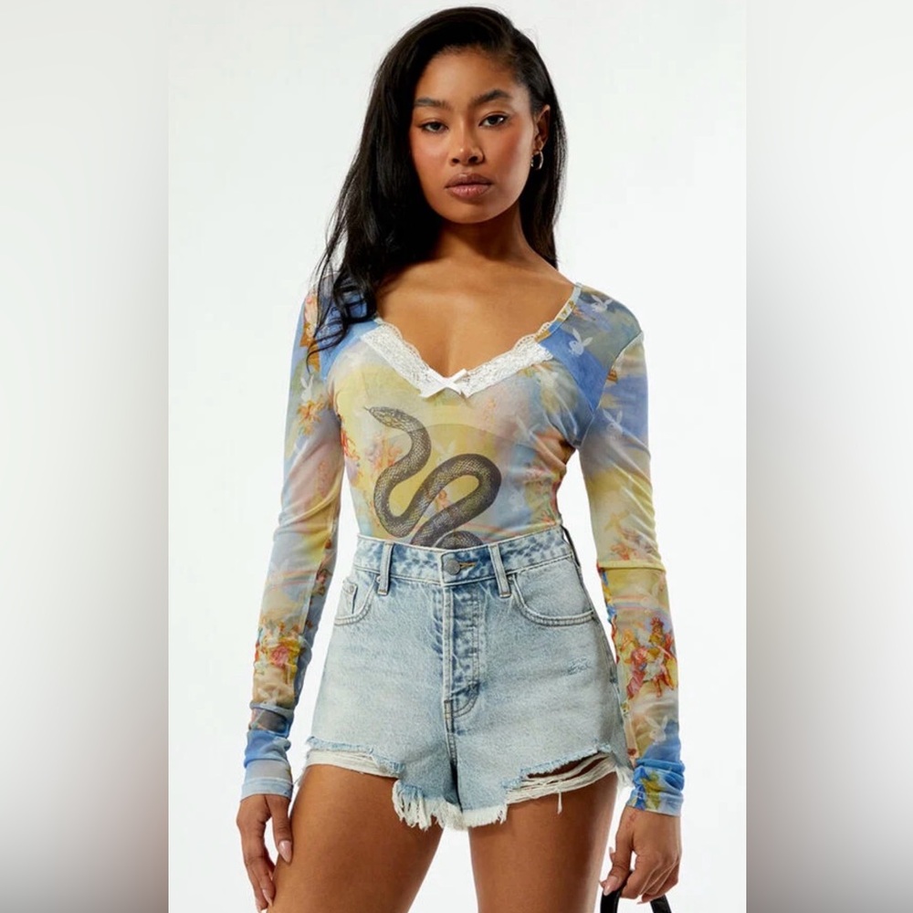 PLAYBOY Blue Multi Long-Sleeve Snake Print Bodysuit sexy new - Picture 5 of 7